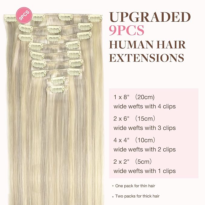 GOO GOO Clip in Hair Extensions Real Human Hair, Remy Human Hair Extensions Clip ins for Women, Natural Human Hair, 18inch 150g 9Pcs, 17A/60A Ash Blonde Highlighted Platinum Blonde