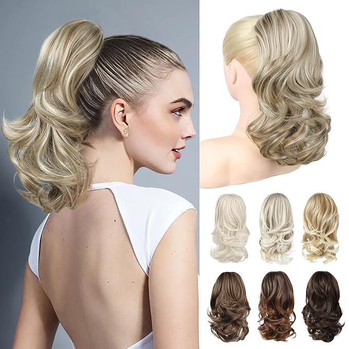 Ponytail Extension - 14" Claw Clip in Ponytail Hair Extensions Natural Soft Synthetic Layered Wavy Pony Tail Hair Pieces for Women - Ash Brown with Highlights