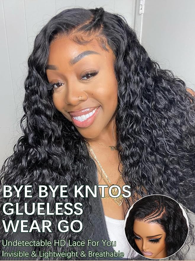 KLAIYI Pre Everything 13x4 Glueless Lace Front Wig Human Hair Water Wave Bye Bye Knots Put On and Go Wig Pre Cut Lace Pre Bleached Pre Plucked 30S Easy To Wear Beginner Curly Wig with Baby Hair 24Inch