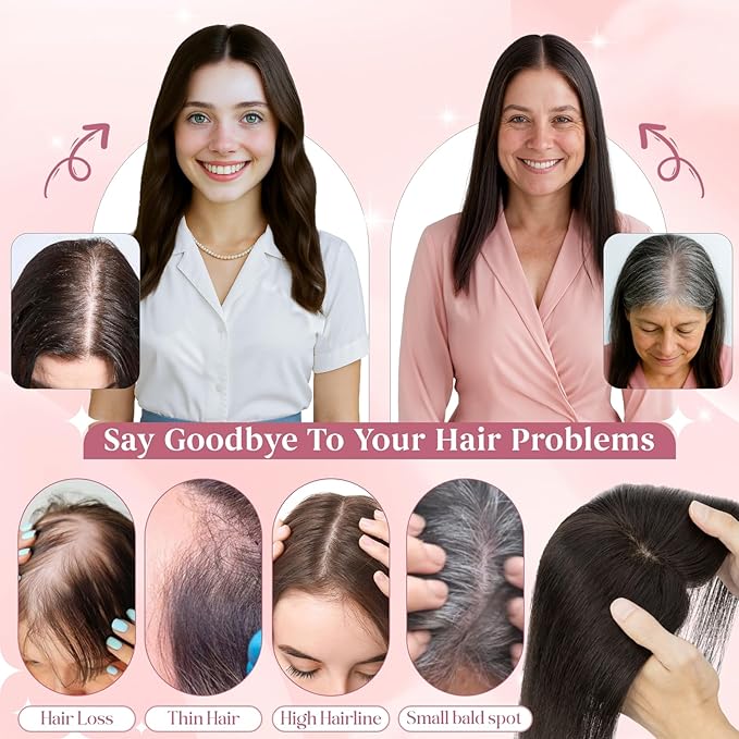 Real Human Hair Toppers for Women 3.54"*4.72" Silky Base 150% Density No Bangs Adjustable Parting Clip-In Topper Hairpieces for Women with Thinning Hair 16 Inches Dark Black