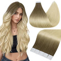 Full Shine Tape in Hair Extensions Color 3 and 8 Brown Fading to 613 Platinum Blonde 20PCS Human Hair Extensions Tape Ins 16 Inch Ombre Soft Hair Seamless Tape in Extensions for Women Real Hair 50g