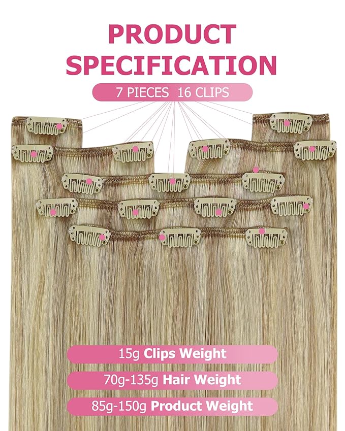 YoungSee Blonde Clip in Hair Extensions Real Human Hair Light Blonde Highlighted Golden Blond Clip on Hair Extensions for Women Human Hair Clip in Extensions Long Straight Hair 22Inch 120G 7Pcs