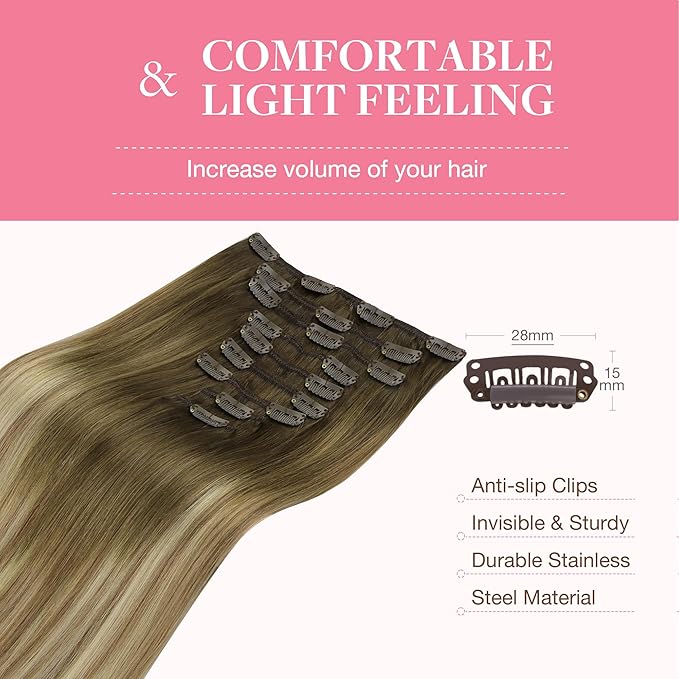 GOO GOO Clip in Hair Extensions Real Human Hair, Remy Human Hair Extensions Clip ins for Women, Natural Human Hair, 22inch 150g 9Pcs, 3/8/613 Balayage Walnut Brown to Ash Brown and Bleach Blonde