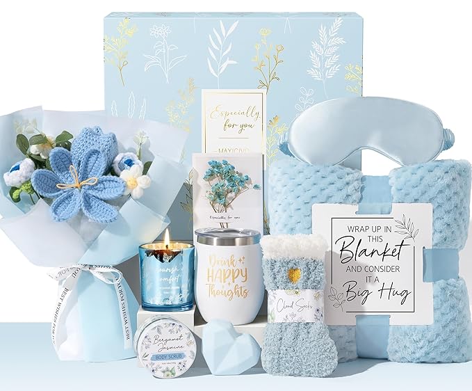 Birthday Gifts for Women Self Care Package Get Well Soon Gift Baskets, Thinking of You Sympathy Spa Gift Set w/ Crochet Flower Bouquet, Unique Christmas Gifts for Women Mom Her Best Friend Sister Wife