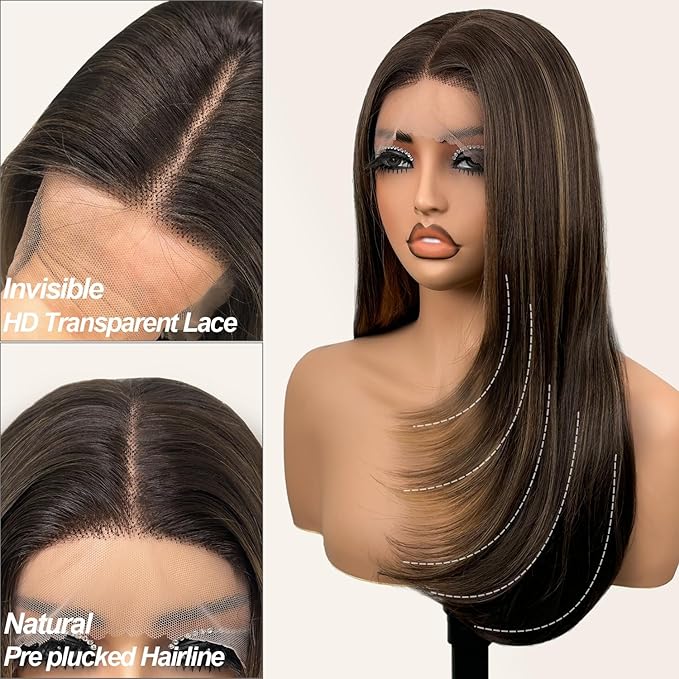 Glueless Synthetic Lace Front Wig 26 Inches Long Straight 13x5x1 HD Lace Wigs for Black Women (4/27 Highlight, 26 Inch)