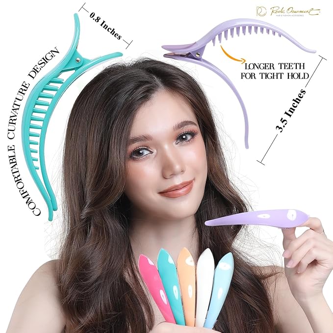 RC ROCHE 6 Pcs Duck Bill Alligator Hair Clips for Women Sectioning Flat Claw Long Thick Hair Inner Teeth Curved Styling Jaw Strong Secure Grip Salon, Medium Pastel