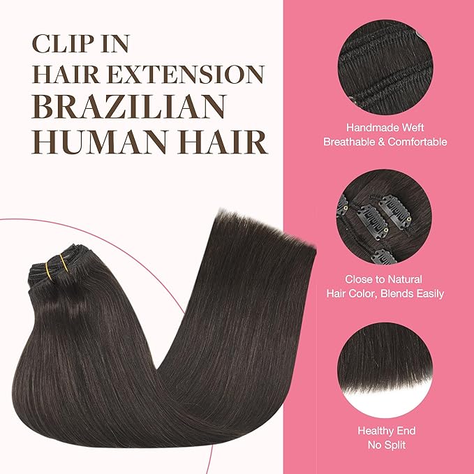 GOO GOO Clip in Hair Extensions Real Human Hair, Remy Human Hair Extensions Clip ins for Women, Natural Human Hair, 16inch 150g 9Pcs, 2 Dark Brown