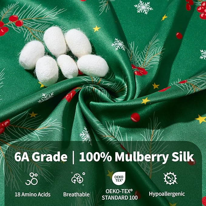 THXSILK Christmas Style 6A+ Grade Mulberry Silk Pillowcase for Hair and Skin, 22 Momme 100% Pure Silk Pillow Case with Hidden Zipper, Christmas Holly Printed Pillow Cover(Standard Size 20"x26", Green)