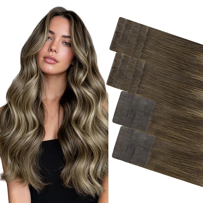 GOO GOO Invisi Edge Tape in Hair Extensions Human Hair, 4/26/4 Balayage Chocolate Brown to Honey Blonde 10pcs injected with 10pcs classical tape ins, 24inch 50g, Virgin Remy Hair, Natural Look