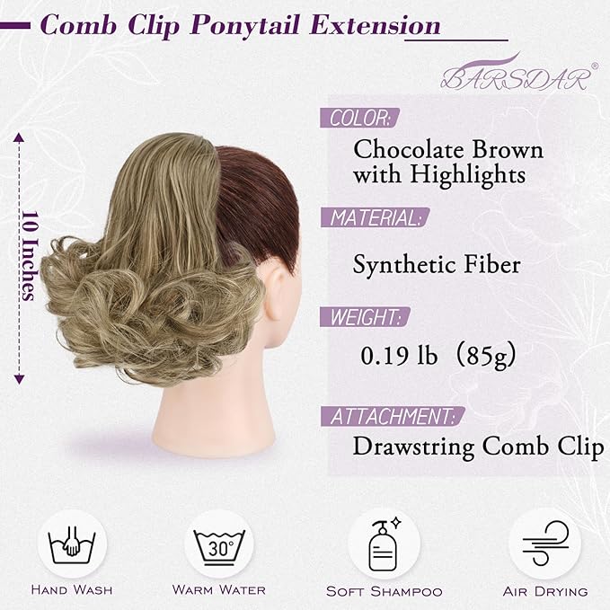 BARSDAR Short Highlight Ponytail Extension - 10 Inch Wavy Drawstring Comb Clip Pony Tails Hairpieces for Women, Synthetic Clip in Ponytail Hair Extensions - Chocolate Brown with Highlights