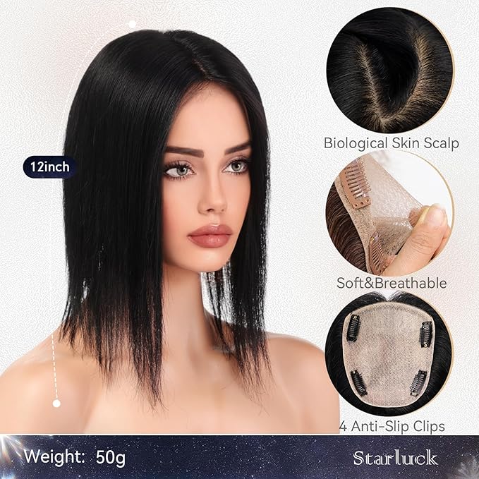 starluck Hair Toppers for Women Real Human Hair, 5"*5.5"Large Coverage Natural Black HairTopper No Bangs,100% Real Human Hair Toppers for Women with ThinningHair,Cover Gray Hair Roots