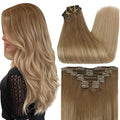 Full Shine Golden Blonde Hair Extensions 18 Inch Golden Brown To Dark Blonde Real Human Hair Extensions Clip ins for Thinning Hair 7 Pcs 120 G