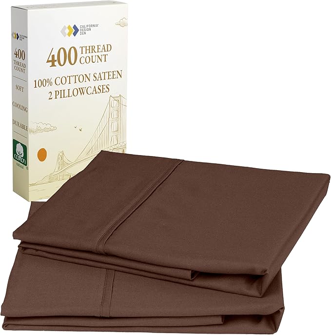 California Design Den Standard/Queen Size Pillowcase Set - Soft 400 Thread Count Sateen, 100% Cotton Pillowcases, Set of 2 Pillow Covers, Breathable, Espresso Chocolate Brown