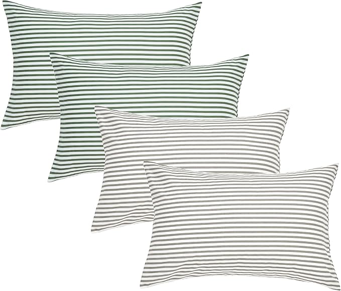 JELLYMONI 100% Natural Cotton Striped Standard Pillowcases Set, 4 Pack White and Grey and Green Stripes Pillow Covers with Envelope Closure(Pillows are not Included)