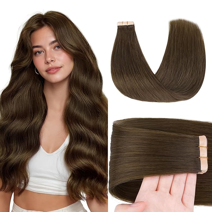 GOO GOO Tape in Hair Extensions Human Hair, #4H Light Chocolate Brown, 20inch 50g 20pcs, Skin Weft Seamless Invisible, Silky Straight with Thick Ends, Remy Human Hair