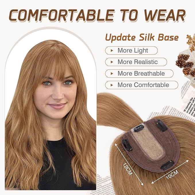 Rich Choices Real Human Hair Toppers for Women With Bang 100% Remy Human Hair Topper for Thinning Hair Clip in Silk Base Hair Topper 10 Inch #6 Light Brown
