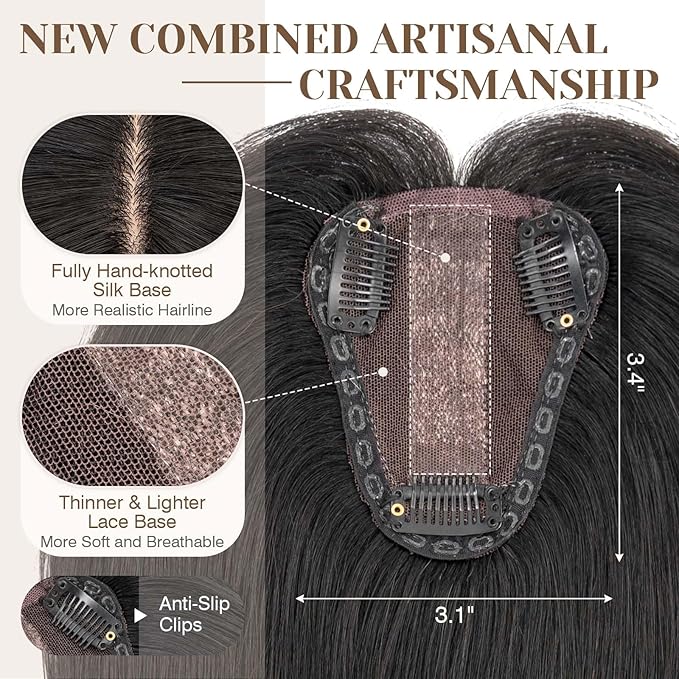 S-noilite Hair Toppers for Women Real Human Hair 3D 360° Cover Clip in 100% Real Human Hair Toppers 3″*4″ Clip in Silk Base 10 inch Jet Black