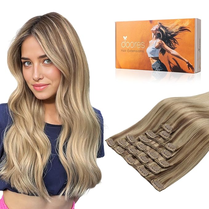 DOORES Clip in Hair Extensions Human Hair, Balayage Medium Copper to Sandy Blonde 120g 7pcs 20 Inch, Remy Human Hair Extensions Clip in Straight Natural Weft