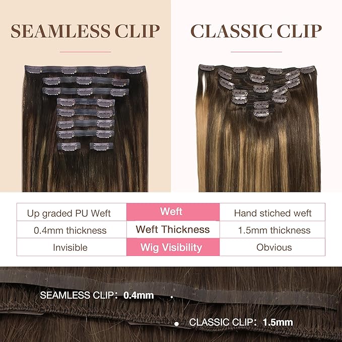GOO GOO Clip in Hair Extensions Real Human Hair, Remy Human Hair Extensions Clip ins for Women, Natural Human Hair, 14inch 130g 9Pcs, 4/27/4 Balayage Chocolate Brown to Caramel Blonde