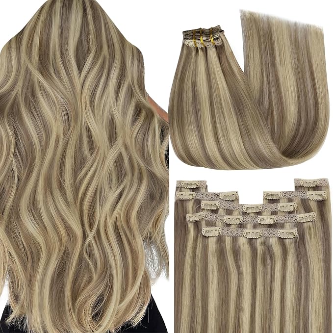 YoungSee 24 Inch Highlights Hair Extensions Clip ins Long Straight Clip on Hair Extensions for Women Light Brown Clip in Human Hair Extensions Highlights Light Brown with Blonde 120G 7Pcs