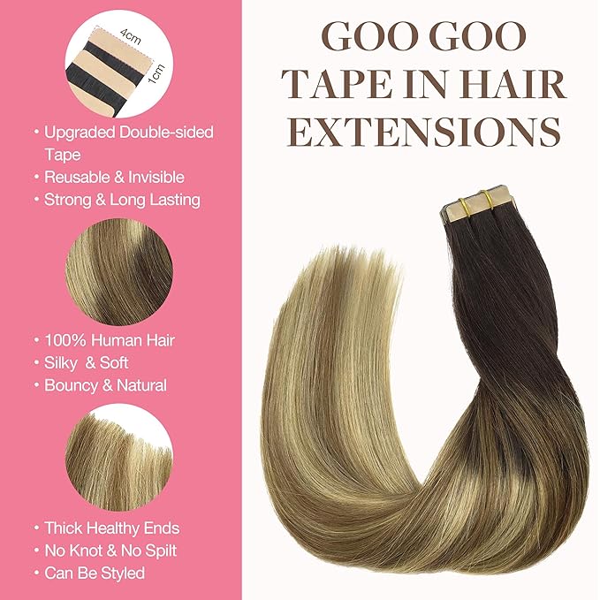 GOO GOO Tape in Hair Extensions Human Hair, 2/6/18 Balayage Brown to Dirty Blonde, 10inch 30g 20pcs, Skin Weft Seamless Invisible, Silky Straight with Thick Ends, Remy Human Hair