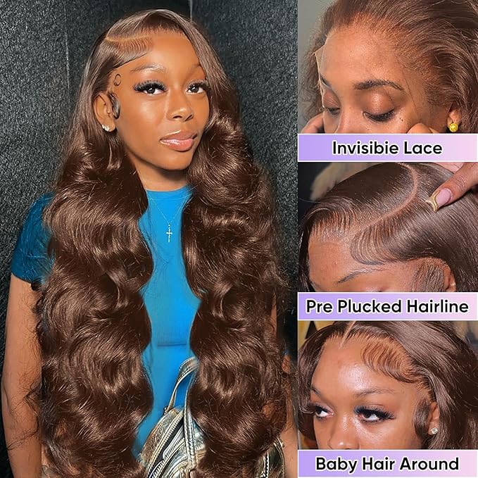 26 Inch Chocolate Brown Body Wave Lace Front Wigs Human Hair 200 Density 13x6 HD Lace Frontal Wigs Human Hair Brown Glueless Wig For Women Pre Plucked with Natural Hairline