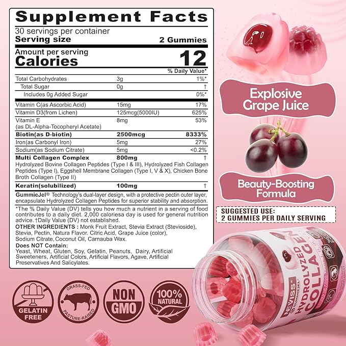 Hydrolyzed Collagen Peptides, Marine Gummies for Women Men, Multi Collagen Type I II III V & X for Hair Growth, Healthy Skin Nails - Collagen Gummy w/ Hair Vitamins Biotin Keratin & Vitamin D3, 120Cts