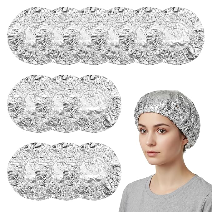 12 Pcs Aluminum Foil Deep Conditioning Hair Cap, Reusable Processing Heat Caps for Hair Elastic Silver Shower Caps for Home And Salon Use