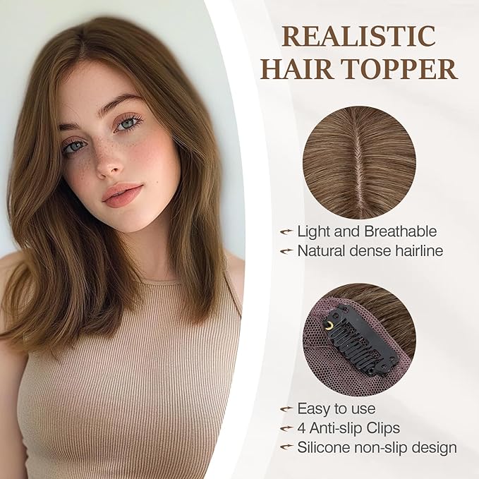 Rich Choices Hair Toppers for Women Real Human Hair 100% Human Remy Toppers NO Bangs for Women with Thinning on Top Clip in Hairpiece 4"x4.7"Lace Base 14 Inch #4R Natural Brown