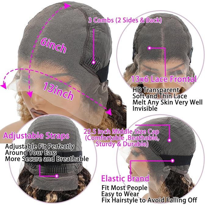 30inch 13x6 Highlight Ombre Deep Wave Lace Front Wigs Human Hair Pre Plucked 210% Density P4/27 Highlight Curly HD Transparent Lace Frontal Wigs with Baby Hair Wet and Wavy Human Hair Wig