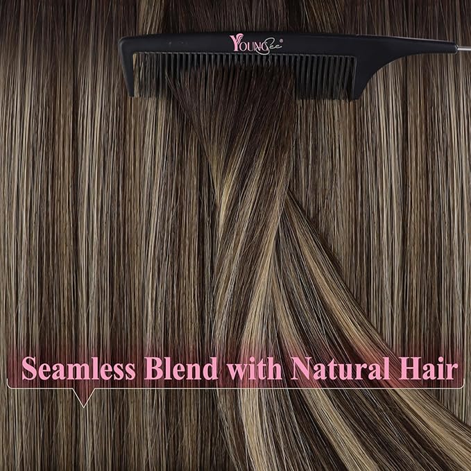 YoungSee Tape in Extensions Human Hair Brown Balayage Human Hair Tape in Extensions Dark Brown to Caramel Blonde Ombre Tape in Extension 18 Inch Adhesive Hair Extension for Natural Looking 20pcs 50g