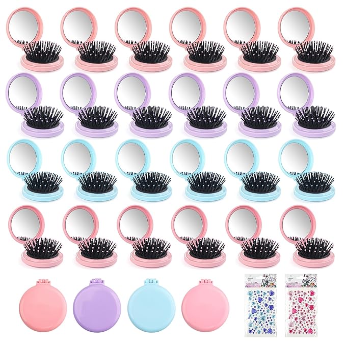 4 Colors Folding Mirror Hairbrush, 2 in 1 Compact Pocket Mirror Comb with DIY Stickers, Round Mini Pocket Makeup Mirror for Travel Women Girls (20 Pcs)