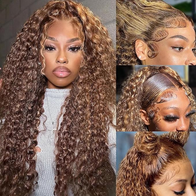 bangjazz 13x4 Deep Wave Lace Front Wigs Human Hair Highlight Ombre 13x4 HD Transparent Lace Frontal Wigs Human Hair 180% Density P4/27 Colored Glueless Curly Wigs for Black Women 20 Inch