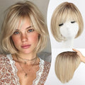 EMMOR Human Hair Toppers for Women Short Bob Real Hair with Bangs 10" Side Part Hairpieces for Women with Thin Hair 6.5" × 6.5" Larger Base Human Wig Toppers(Ombre Blonde & Brown Highlight)