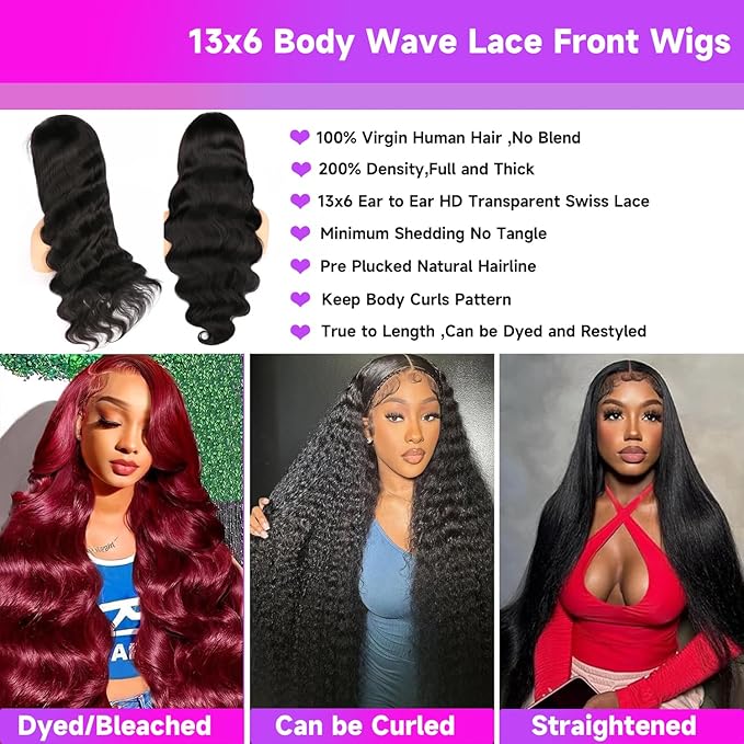 13x6 Lace Front Wigs Human Hair 200% Density Body Wave HD Lace Front Wigs Human Hair Pre Plucked Frontal Wigs Glueless Wigs for Women 20 Inch Natural Color