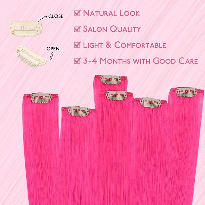 WENNALIFE Hot Pink Clip in Hair Extensions Real Human Hair 35g 6pcs 22 Inch Colored Hair Extensions for Kids Women Colorful Hair Pieces Pop-up Style Straight Extensiones De Cabello Humano Con Clip