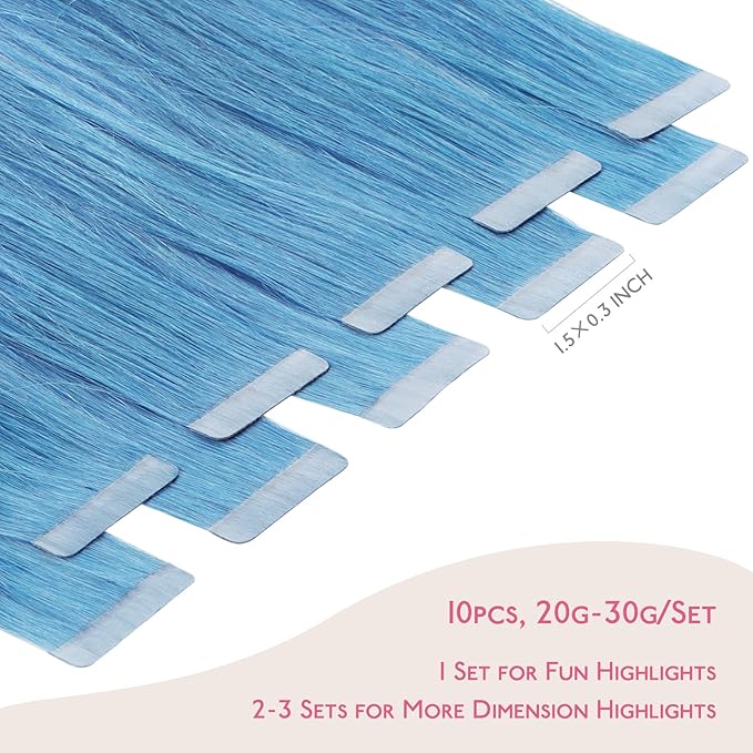 WENNALIFE Tape in Hair Extensions Human Hair SkyBlue Tape in Extensions, 10pcs 25g 16 inch Remy Invisible Tape Ins Straight Colored Soft Real Human Hair Tape in Extensions Refill Set Extensions
