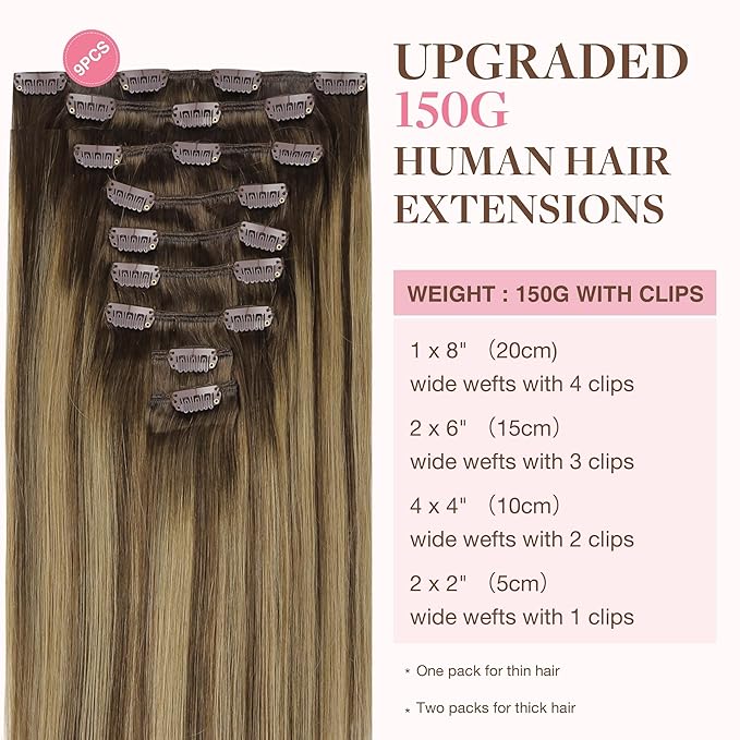 GOO GOO Clip in Hair Extensions Real Human Hair, Remy Human Hair Extensions Clip ins for Women, Natural Human Hair, 22inch 220g 9Pcs, #4/27/4 Balayage Chocolate Brown to Caramel Blonde