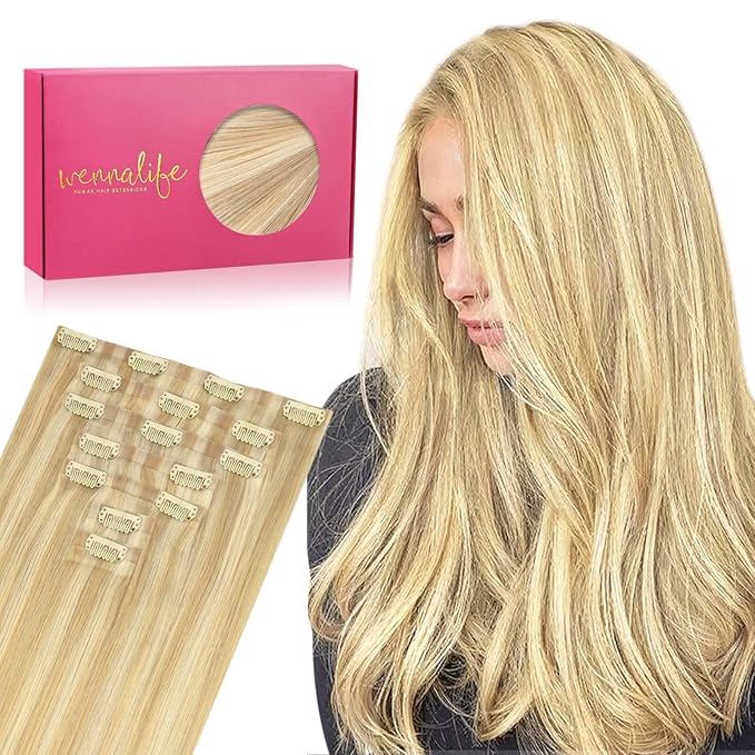 WENNALIFE Seamless Clip In Hair Extensions, 18 Inch 7pcs 130g Light Blonde Highlighted Golden Blonde Hair Extensions Clip In Real Human Hair Extensions Invisible PU Weft Human