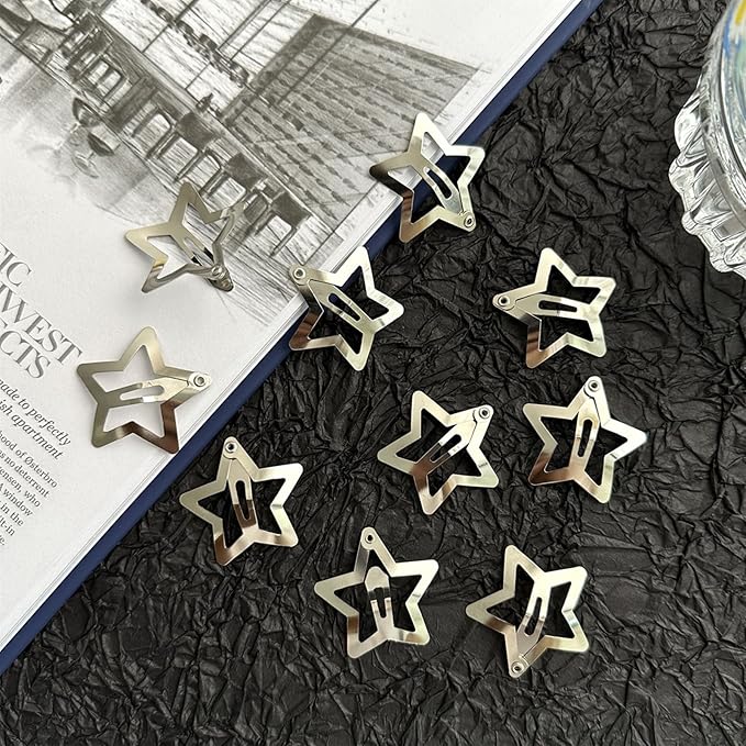 Star Hair Clips 2000s Y2K Snap Hair Barrettes Non Slip Star Hair Accessories Silver Metal Hair Clips for Girls Women -15 PCS 1.18"