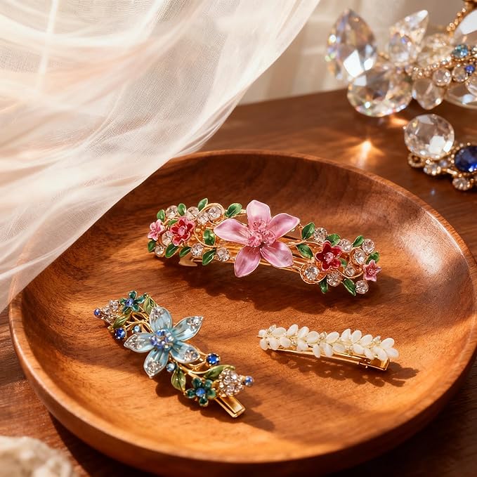 Enamel Flower Hair Clip Gift Set for Women - 3Pcs Vintage Rhinestone Barrettes for Thin & Thick Hair, Bridesmaid Hair Accessories, Teen Girl Birthday Gifts (Pink/Blue/Yellow Combo)