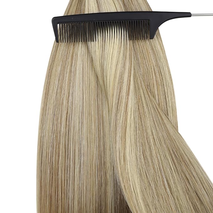YoungSee Nano Extensions Human Hair Highlight Light Brown and Platinum Blonde Nano Bead Hair Extensions Human Hair Light Brown Nano-Tip Cold Fusion Hair Extension for Daily Use 14inch 50s 50g