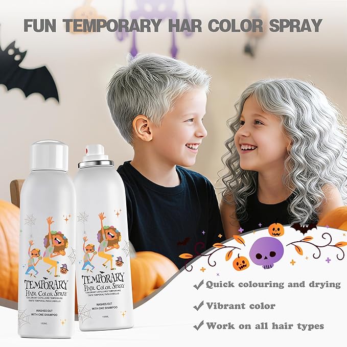 White Temporary Hair Color Spray for Kids, Silver Instant Colored Hair Dye Alternative for Boys Girls Men Women, Quick Styling for Party Christmas Halloween, Disposable Washable, 150ml