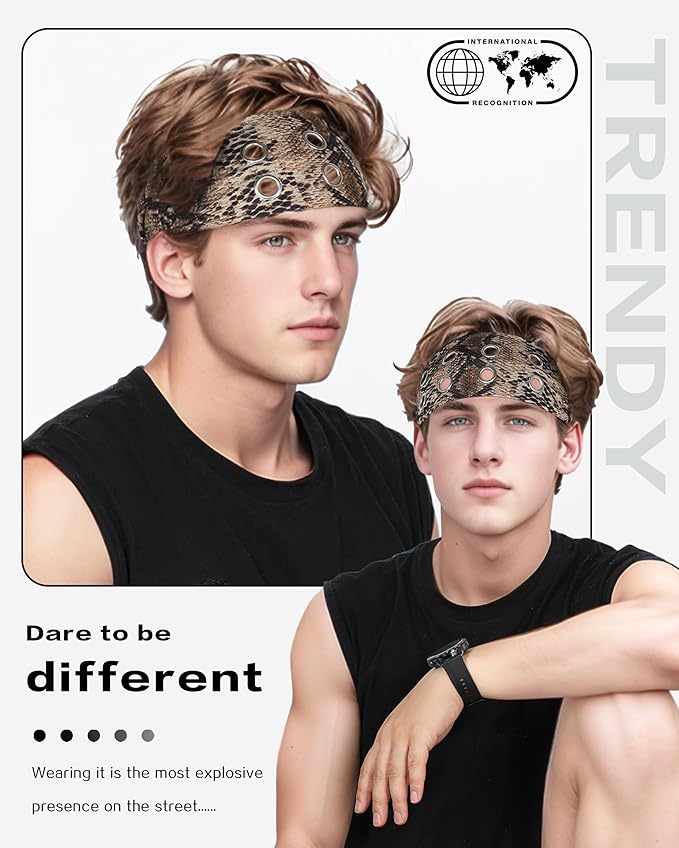 Grommet Headband for Women, Brown Snakeskin 23cm Hollow Out Elastic Hair Band, Eyelets Punk Grunge Stylish Hairband