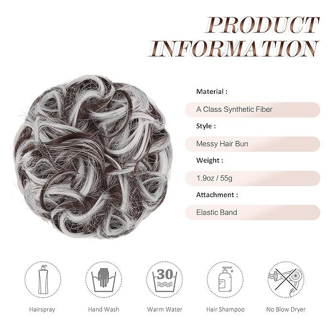 FESHFEN Messy Bun Hair Piece - Large Elastic Wavy Curly Hair Bun Scrunchies Ponytail Extensions Synthetic Chignon Hairpieces for Women, Brown Gray Mix 1.94oz