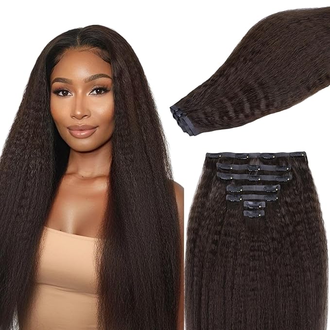 Lashey Seamless Clip in Hair Extensions Human Hair #2 Dark Brown Kinky Straight 7Pcs 110g 18inch Soft Flat PU Weft Real Human Hair Clip in for Women