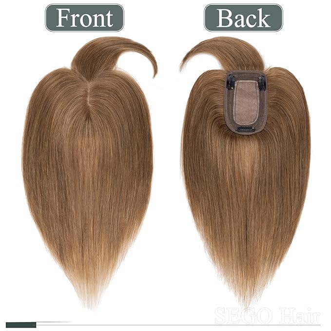 SEGO Hair Toppers for Women Real Human Hair with Thinning Hair, Toppers Hair Pieces Clip in Toppers Straight Hair Pieces with Front Bangs 150% Density Silk Base -6 Inch #6 Light Brown