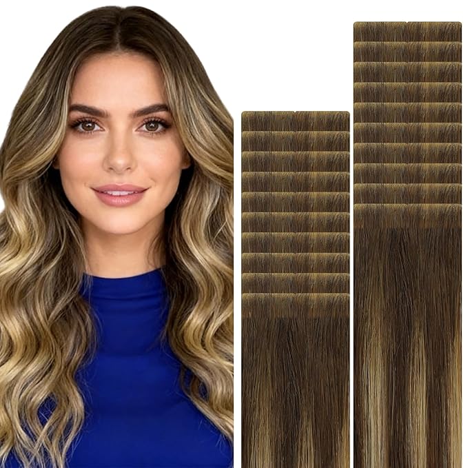 VINBAO Invisi Edge Tape in Extensions Balayage Dark Brown Mixed Caramel Blonde 20pcs 40g Injection Tape-ins Hair Extensions Rallonge Cheveux Humain 14inch #4/27/4