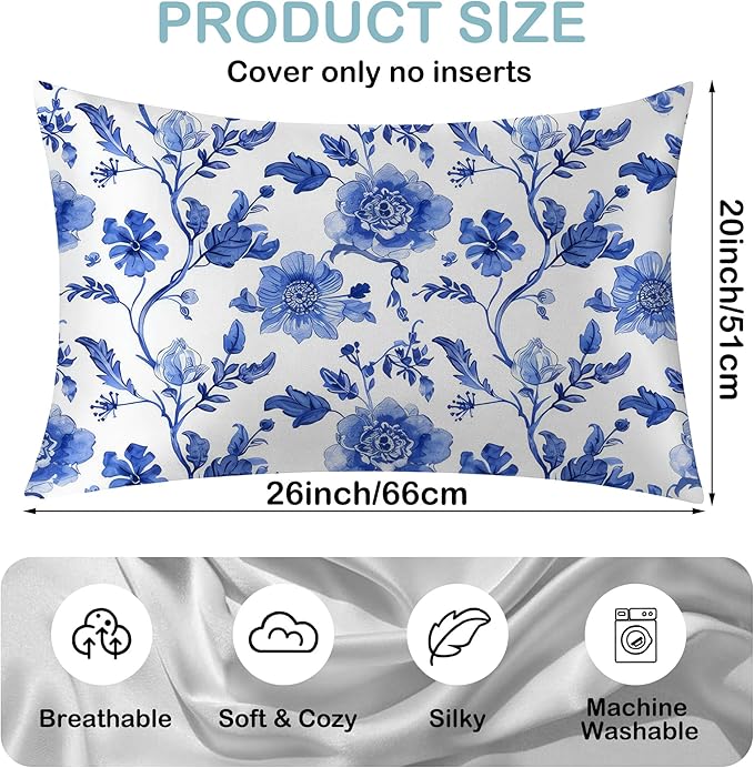 Satin Pillowcase 1 Pack-Vintage Blue Floral Silky Pillow Cover for Hair and Skin,Standard Size 20x26 Inch Soft Cooling Printed Pillow Cases with Hidden Zipper,Gifts for Women Men