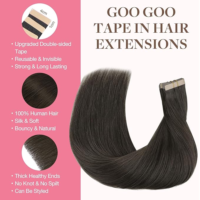 GOO GOO Tape in Hair Extensions Human Hair, 1C Mocha Brown, 26inch 120g 40pcs, Skin Weft Seamless Invisible, Silky Straight with Thick Ends, Remy Human Hair